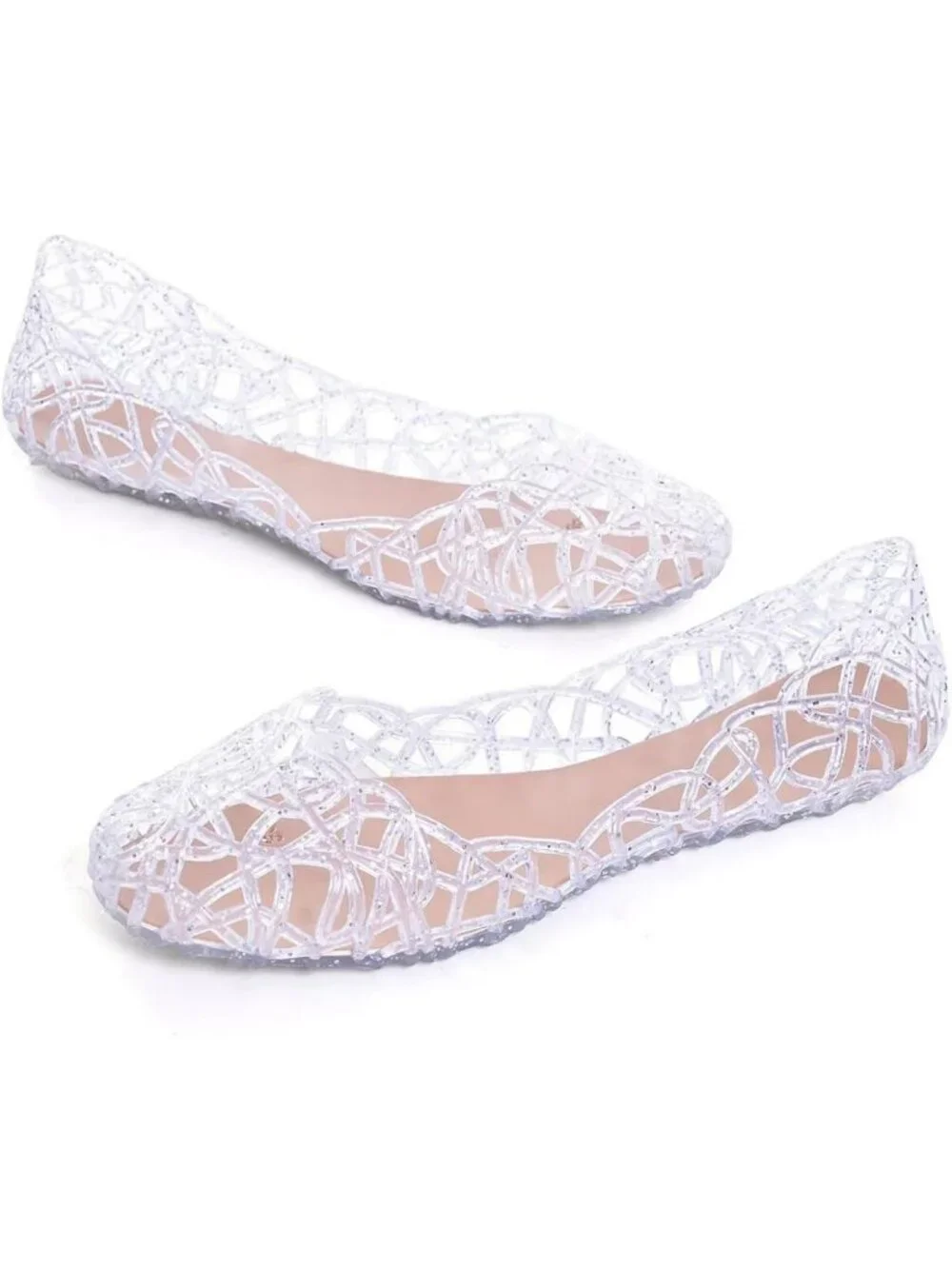 Chic Women’s Beach Jelly Flats - Slip-On Crystal Hollow Summer Shoes